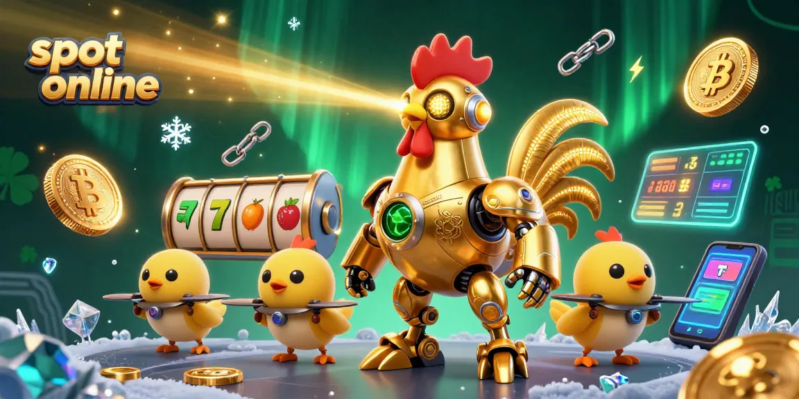 Permainan slot online yang menampilkan robot ayam emas futuristik dalam suasana kasino yang penuh aksi.