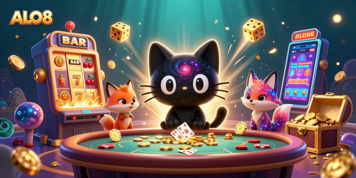 Experience the thrilling atmosphere of ALO8 with vibrant casino elements and colorful characters.