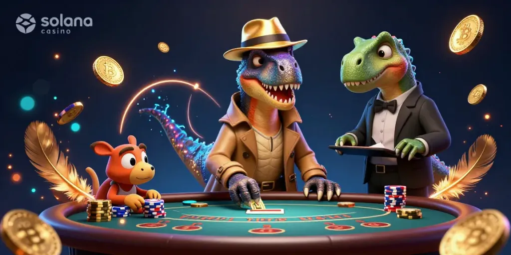 Engage in Solana casino action: a velociraptor card counter under a stegosaurus's watchful eye.