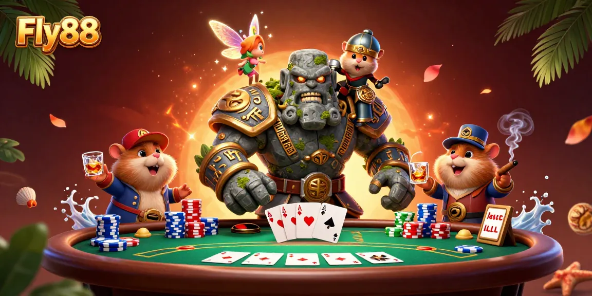 Engage in exciting gameplay with Fly88 and dynamic poker elements featuring vibrant characters.