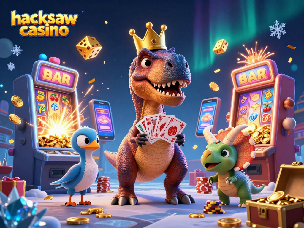 Play at hacksaw casino with our fun T-Rex dealer and exciting jackpot elements in a vibrant 3D scene.