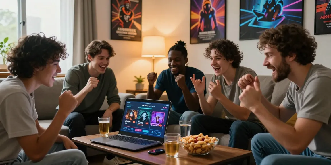 Friends enjoying online gaming on Amanahtoto in a cozy living room setting.