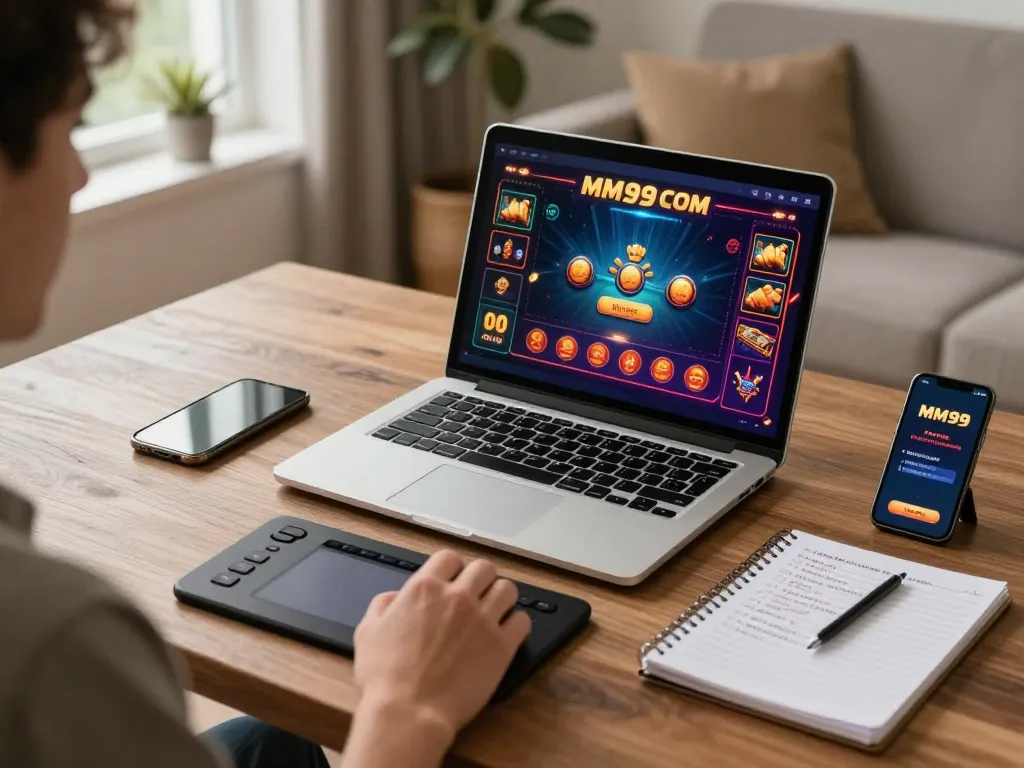 Engaging scene of a user playing on MM99 COM gaming interface with laptop at home.