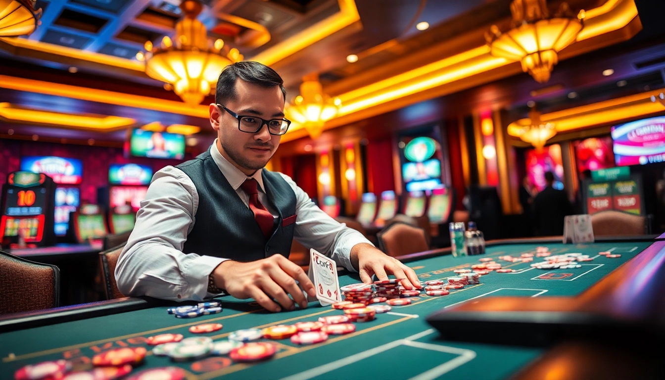 bbni4d dealer in a lively casino setting engaging players at a card table.