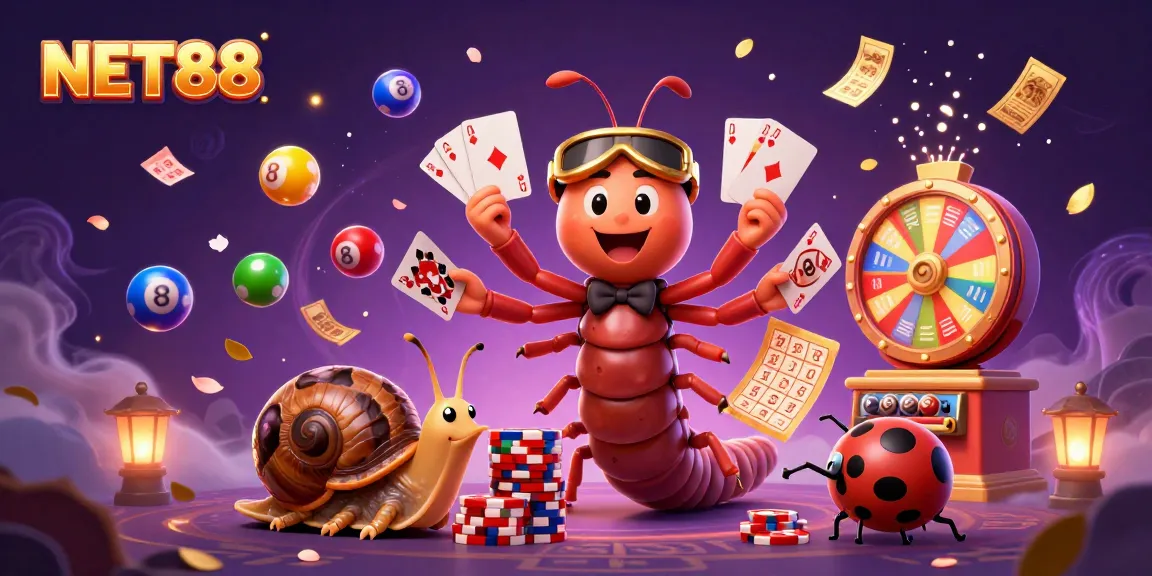 Experience NET88's vibrant 3D casino scene with a millipede dealer and high-roller excitement.