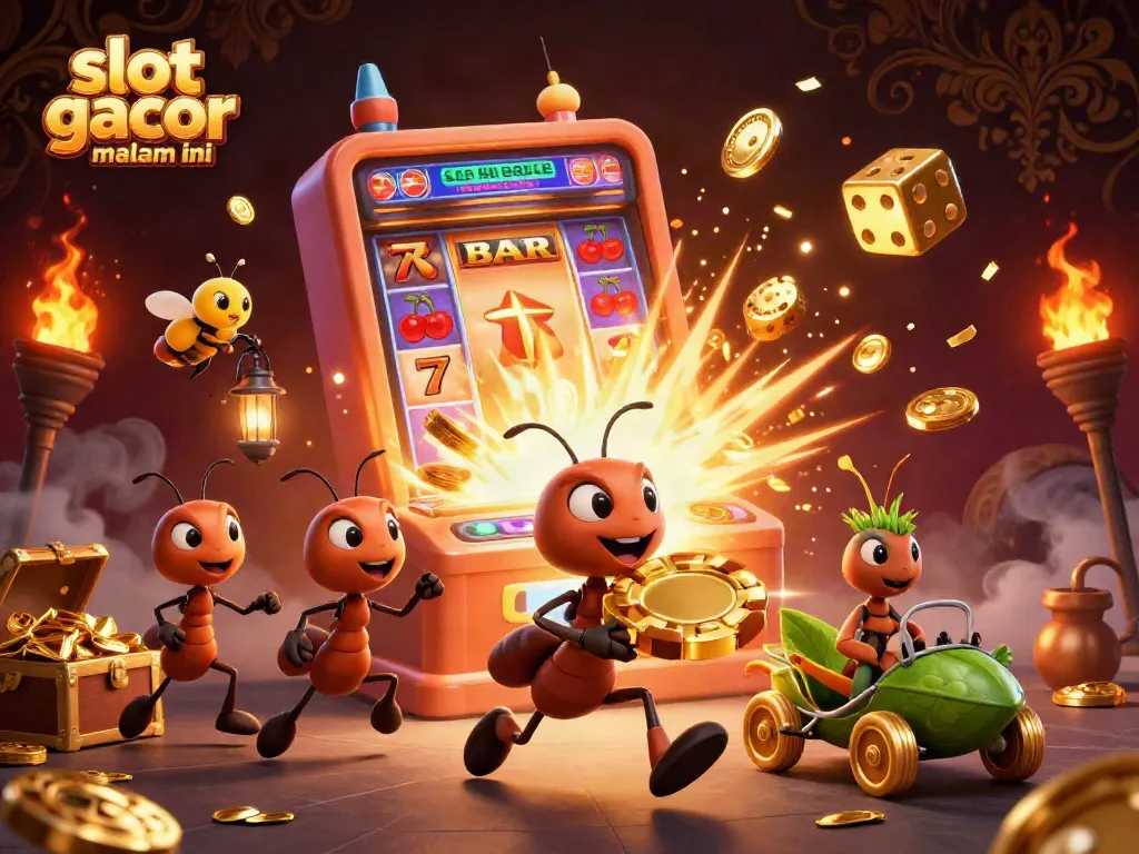 Menangkan slot gacor malam ini dengan ilustrasi 3D tim semut beraksi mencuri chip emas raksasa.