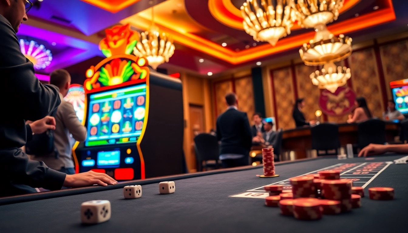 Players enjoying the garuda slot machine in a dazzling casino environment filled with excitement.