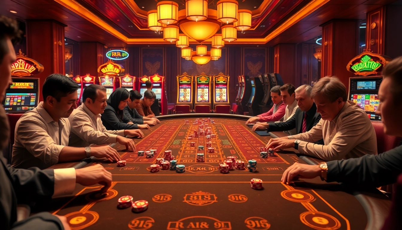 A vibrant casino scene featuring RR 88 branded poker chips and players engaging with high-stakes gaming.