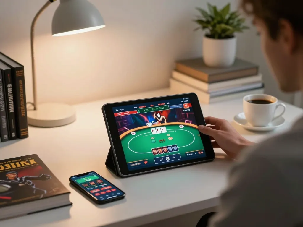 uu88 player strategizing during an online poker game in a cozy home setup