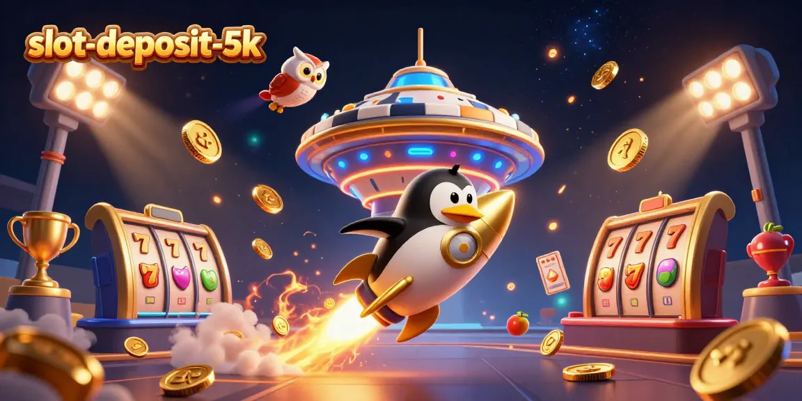 Engage with slot-deposit-5k showing a dynamic 3D penguin racing to a casino space station amidst flying slot elements.