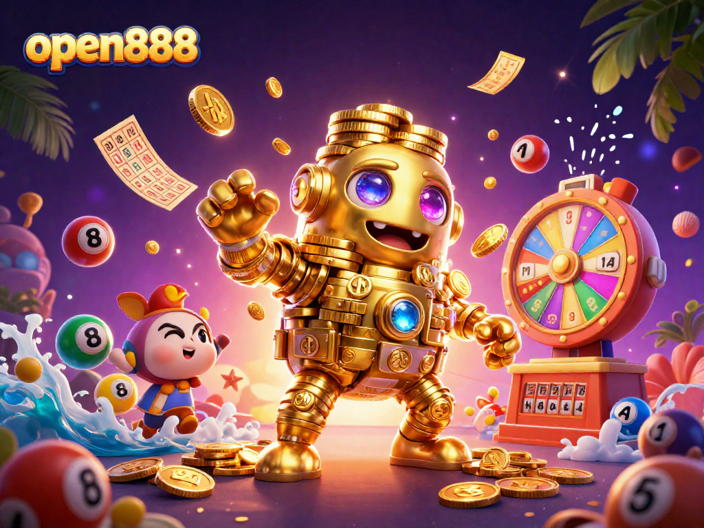 Engage with open888's vibrant lottery universe filled with gold coins, colorful balls, and dynamic prizes.