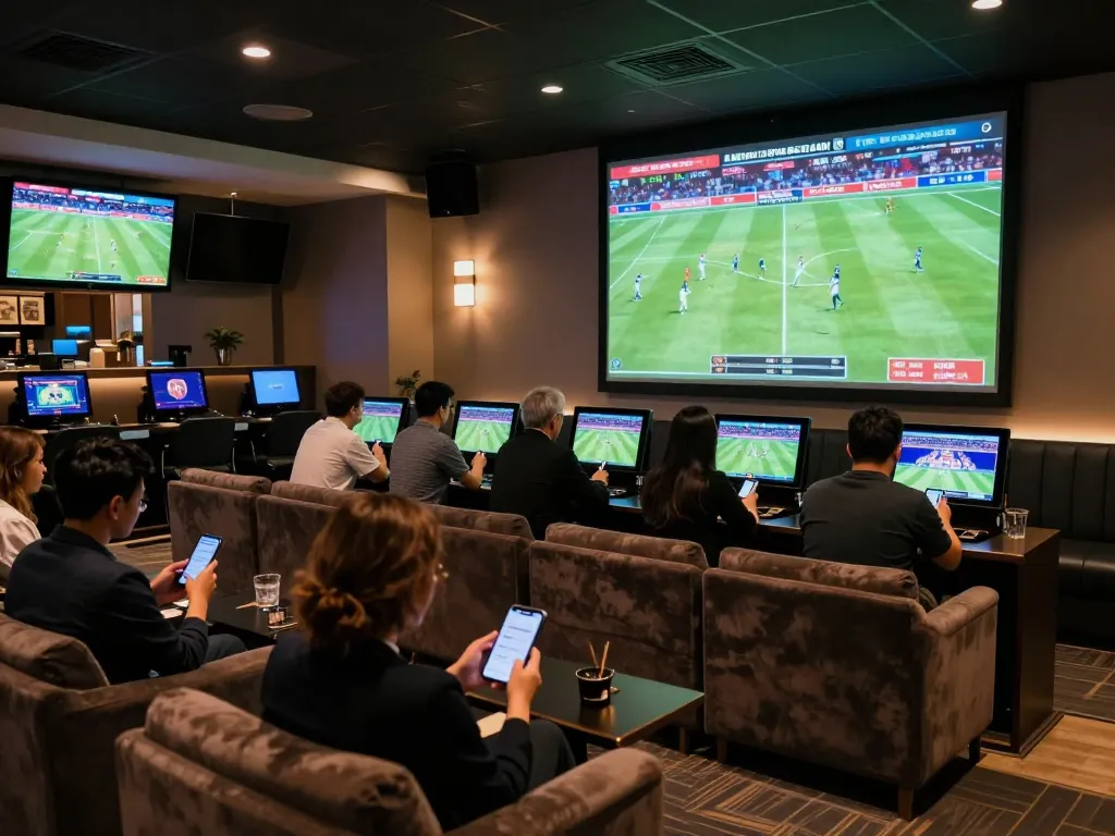 Soi kèo nhà cái hôm nay with sports fans engaging in live betting at a modern sportsbook.