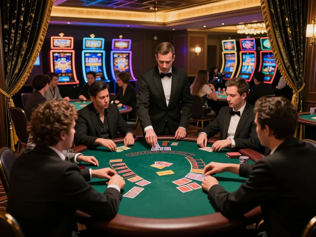 Pemain di meja blackjack Leci123 terlibat dalam permainan yang intens di tengah suasana mewah kasino.