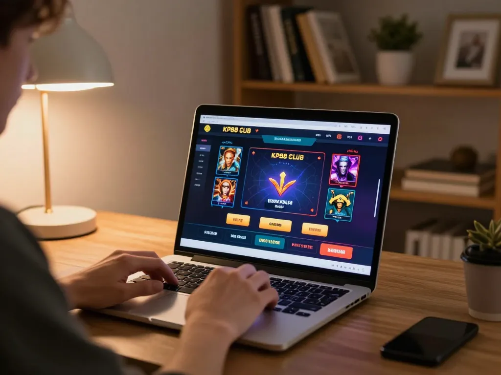 Player using KP88 club for online gaming in a cozy home setting with ambient light.
