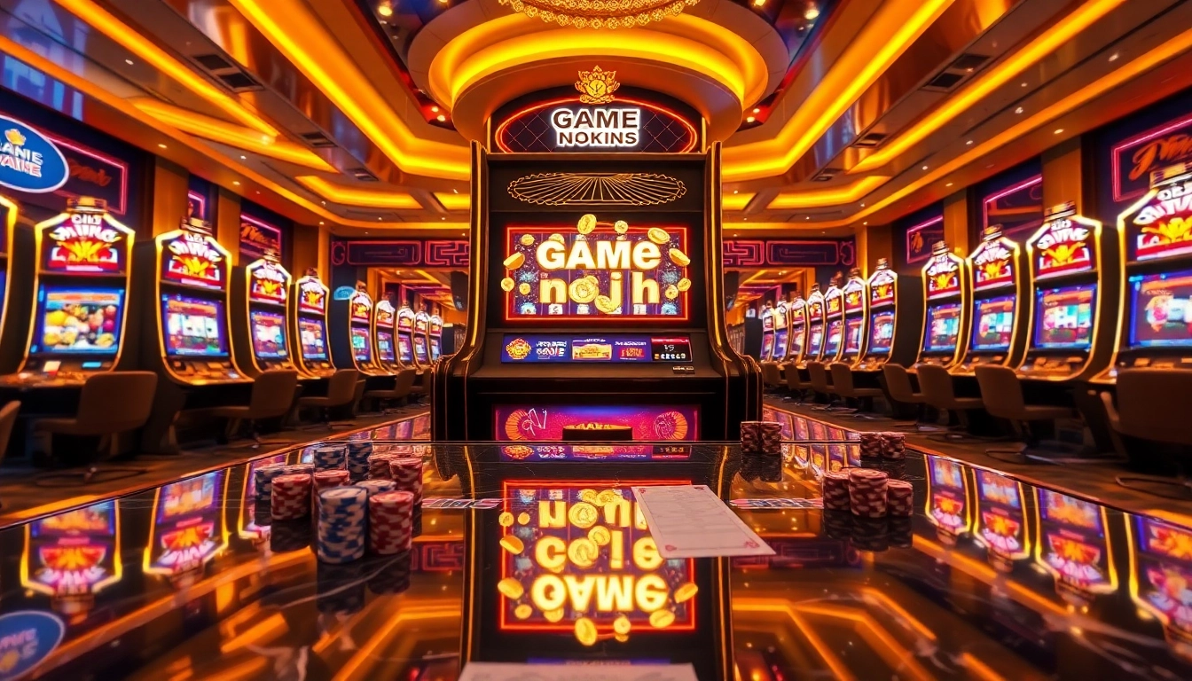 Dynamic glowing slot machine showcasing game nổ hũ jackpot payout with golden coins and poker chips
