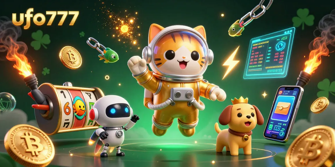 Spin and win big with ufo777 in this vibrant gaming-themed 3D illustration showcasing unique characters and crypto elements.