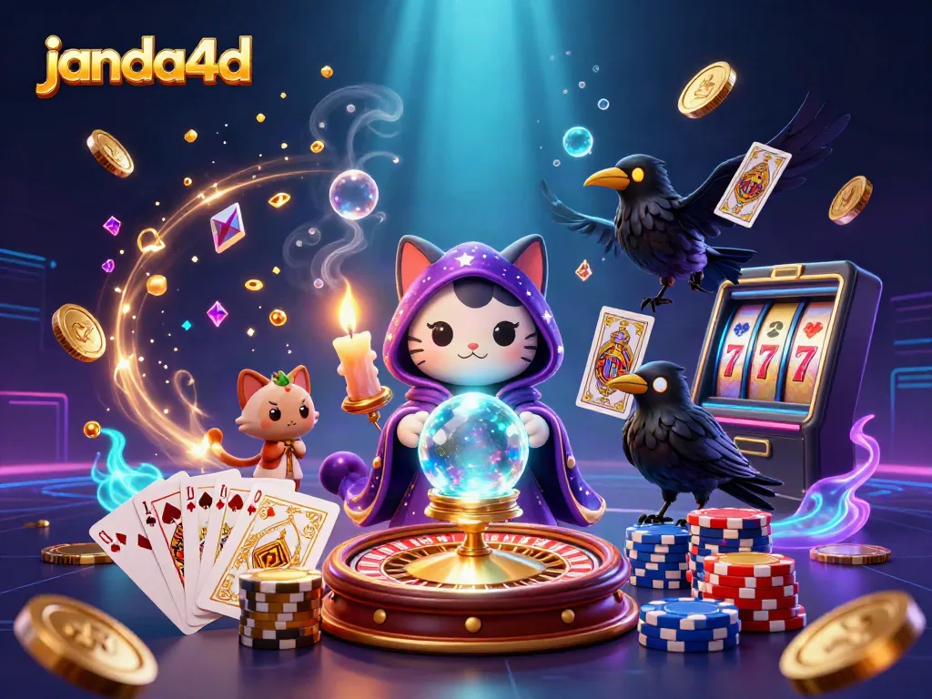 Ilustrasi 3D janda4d yang menampilkan kucing mistik, burung gagak, dan lilin dalam suasana kasino.
