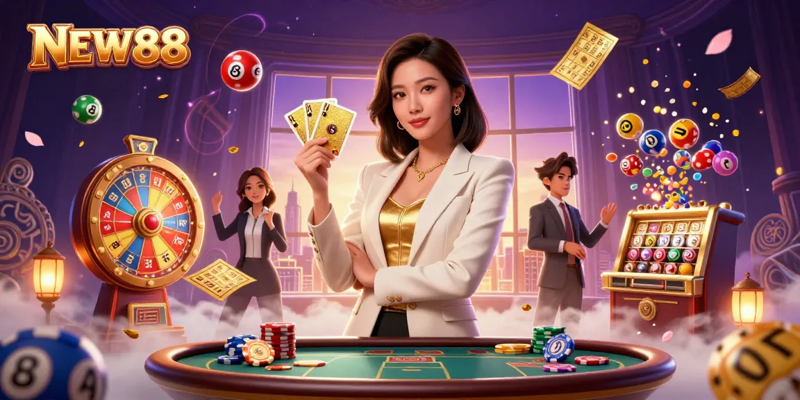 Engage in the vibrant world of NEW88, featuring a powerful businesswoman amidst dynamic casino elements.