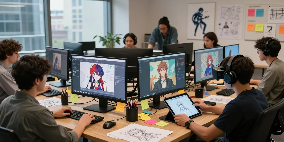 Dynamic art studio with artists creating hentai ai characters and animations.