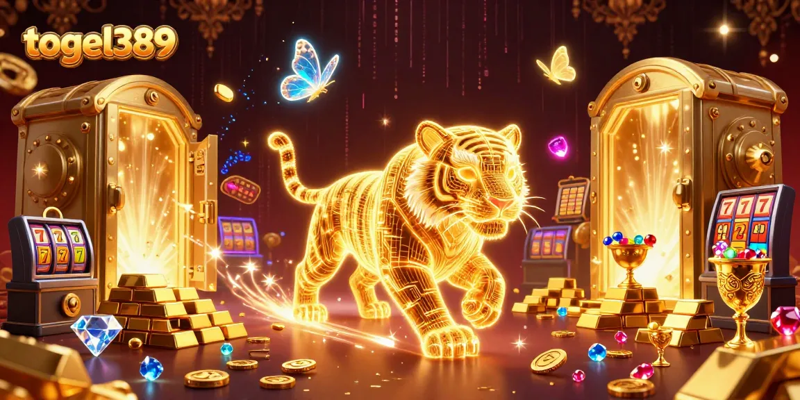 Experience thrilling jackpots at togel389 with an enchanting scene featuring glowing golden tiger in a vibrant digital casino
