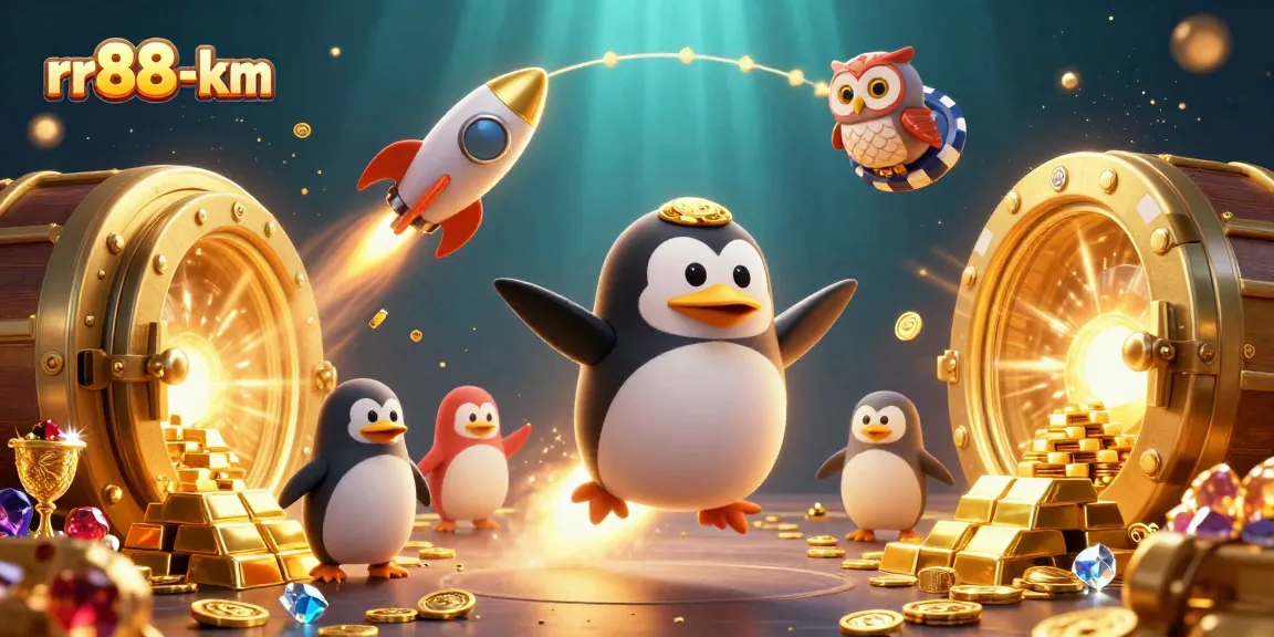 Experience exhilarating gaming with rr88-km as the golden penguin navigates through a vibrant casino galaxy.