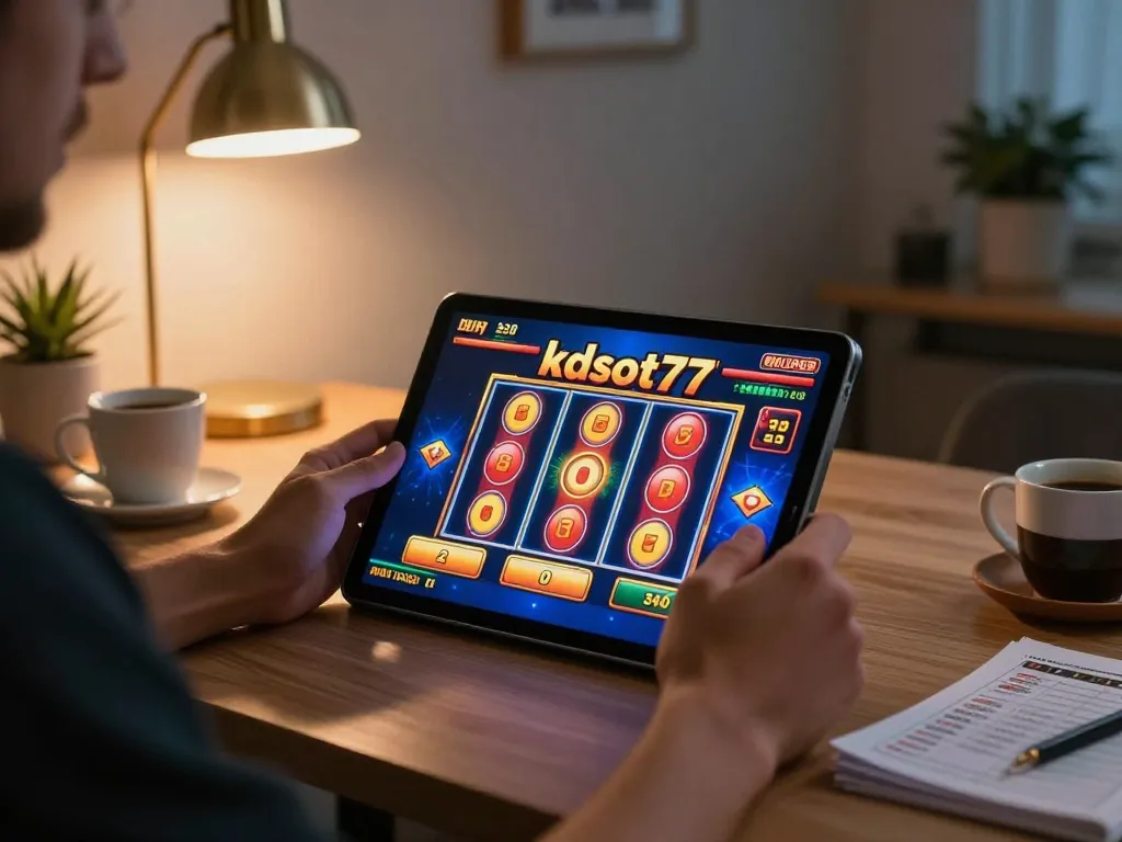 Engaged player enjoying kdslot77 slots on tablet in a cozy home gaming setup