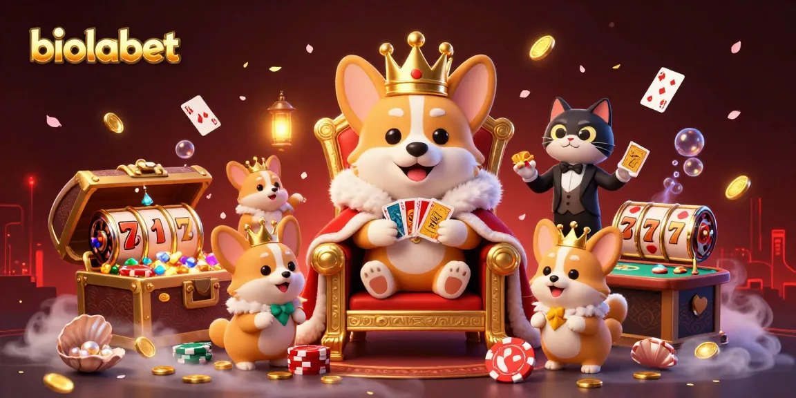 Pasang taruhan Anda dengan biolabet dalam adegan hidup yang penuh warna menampilkan corgi kerajaan dan elemen permainan slot yang dinamis.
