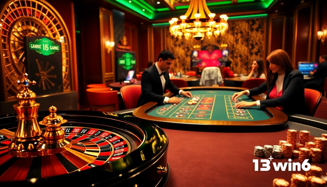 Players enjoying a thrilling casino experience at 13win16 with poker chips and roulette.