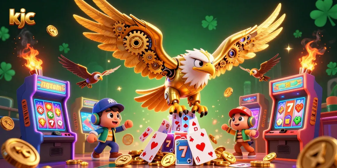 KJC casino experience featuring a cybernetic eagle amidst animated slot reels and vivid game elements.