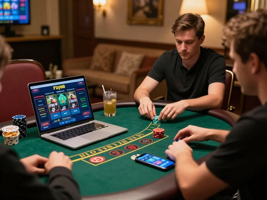 Engaged player enjoying the nhà cái fly88 live dealer blackjack on a laptop, strategizing for a winning edge.