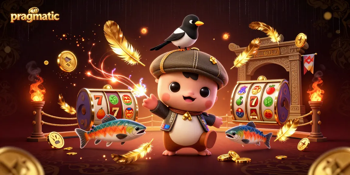 Engaging pragmatic casino scene featuring baby Nessie and a magpie, surrounded by slot game treasures.
