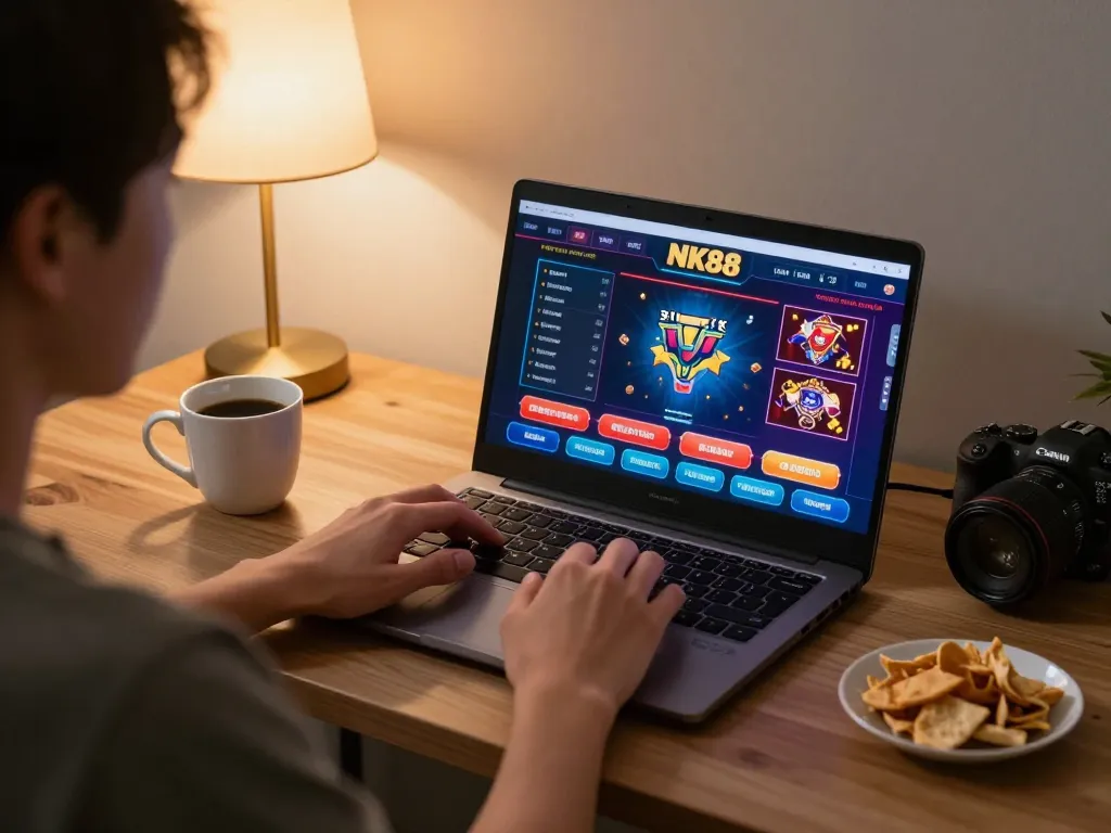 Engaged player enjoying NK88 online casino gaming session with vibrant interface and cozy ambiance.