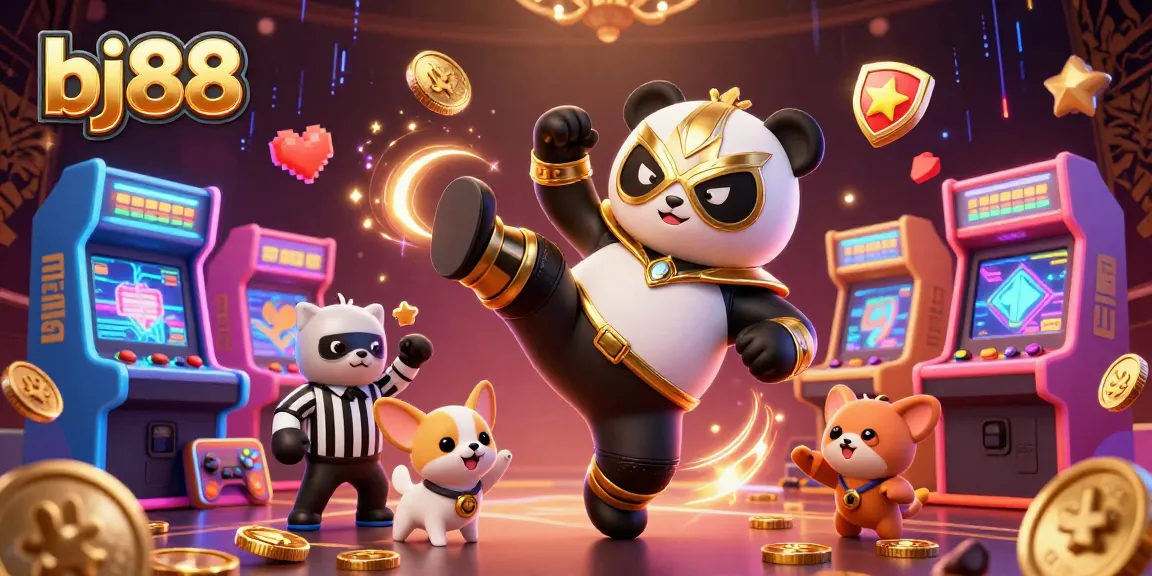 Experience thrilling gameplay at bj88 with a cartoon panda wrestling in a vibrant casino setting.