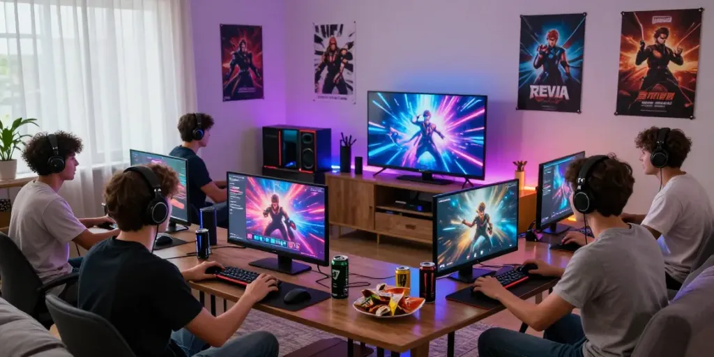 Friends enjoying a gaming night with akunjp themed setup in cozy living room.