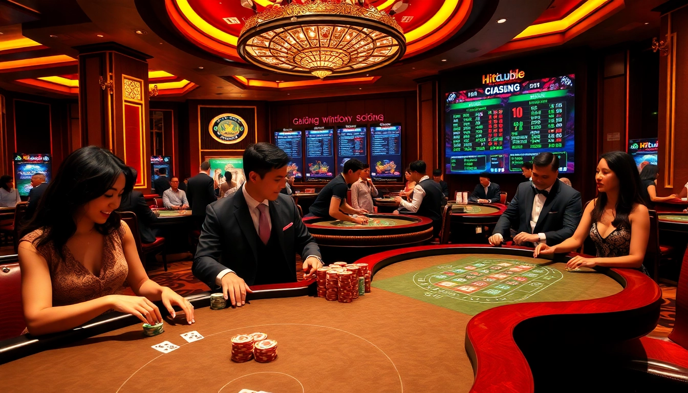 Cổng game Hitclub featuring a lively casino atmosphere with vibrant tables and players engaged in poker and blackjack.