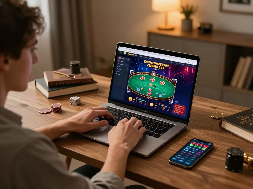 Engaged player using taixiusunwin.art for online casino gaming from a stylish home office.