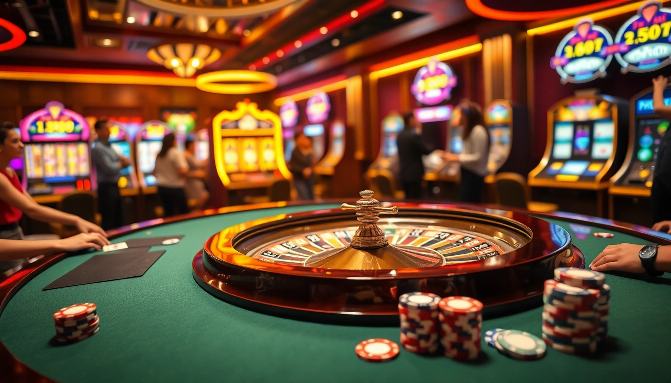 Players enjoying a dynamic casino experience with DF999, featuring roulette and slot machines.