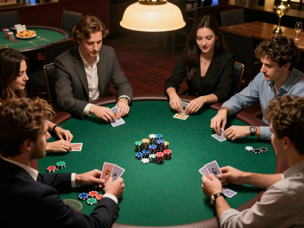 Engaged players enjoying a dynamic okfun poker game night with colorful chips and cards.