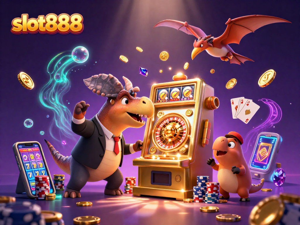 Slot888, mesin slot emas yang memberikan jackpot kepada pemain, dengan koin berkilauan terbang di sekitar.