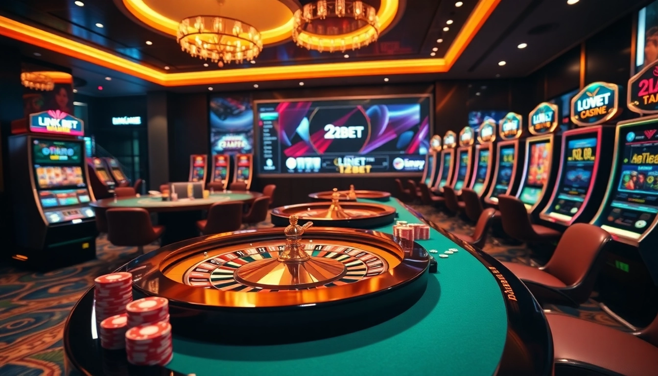 Experience luxury and excitement in a vibrant casino scene featuring LINK 12BET with casino tables and glowing slot machines.