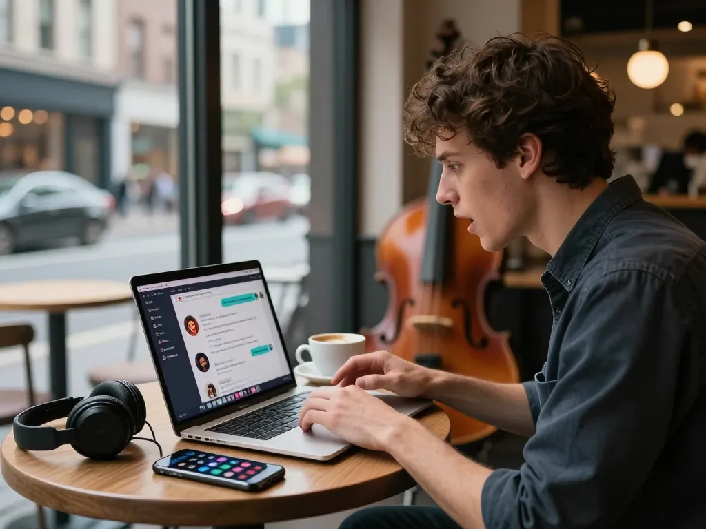 Engaged user in a lively NSFW AI conversation at a trendy cafe, showcasing technology interaction and urban lifestyle.