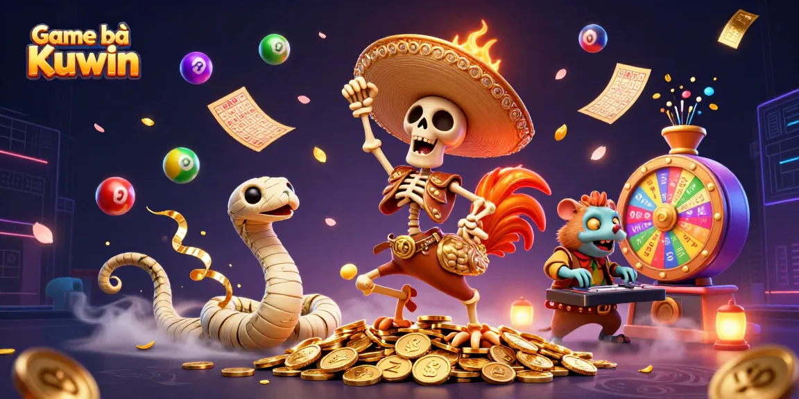 Experience Game bài Kuwin excitement with dynamic characters celebrating amidst vibrant casino elements.
