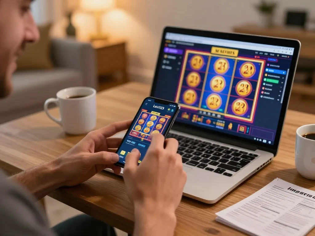 Engaged player using the Leci123 app on smartphone for online gaming, cozy living room atmosphere.