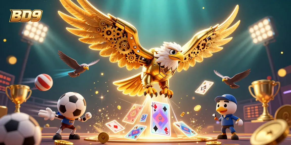 Engage in thrilling games at BD9, featuring a cybernetic eagle flying through an exciting casino atmosphere.