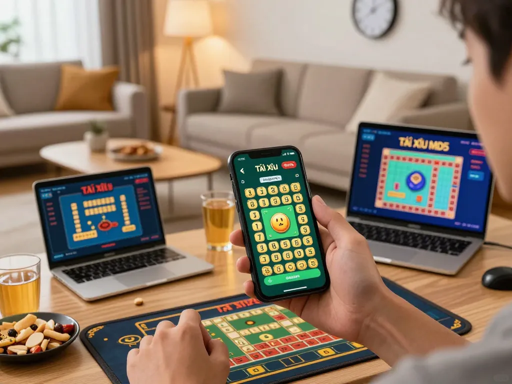 Engaging player enjoying Tài Xỉu MD5 on mobile while strategizing betting at home.