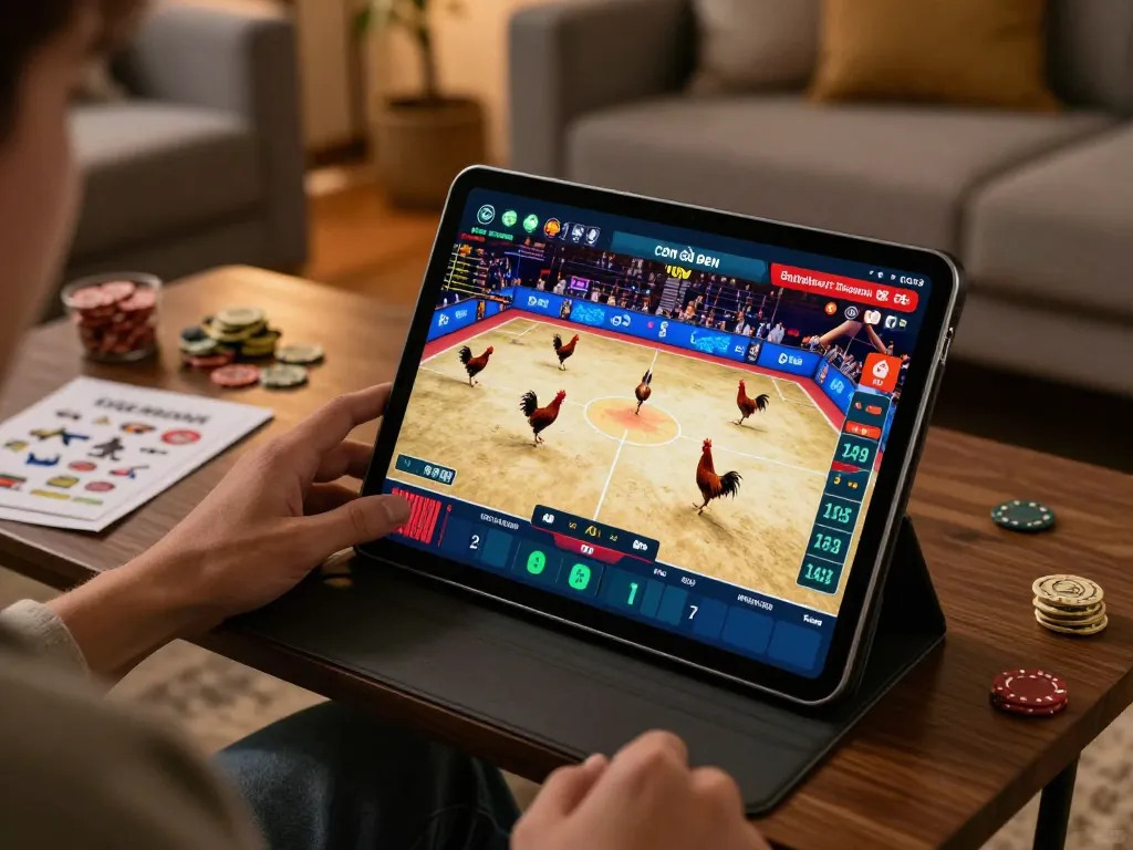 Engaged user watching congaden live cockfighting on tablet with dynamic betting interface.