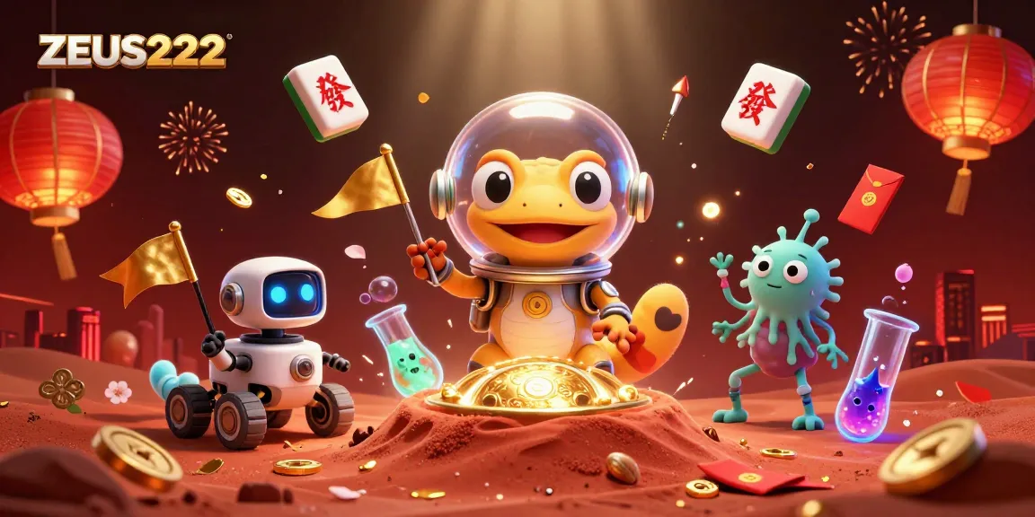 Join the Martian gecko at ZEUS222’s golden casino adventure amidst vibrant festive decorations.