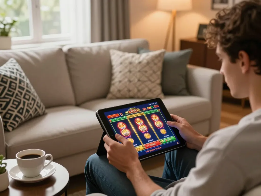 Player enjoying RR88 slot games on a tablet in a cozy home setting.