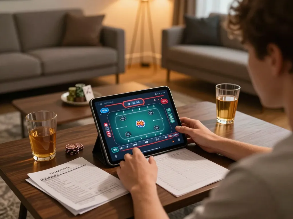 Player enjoying online kkwin gaming on tablet in a cozy living room setting.