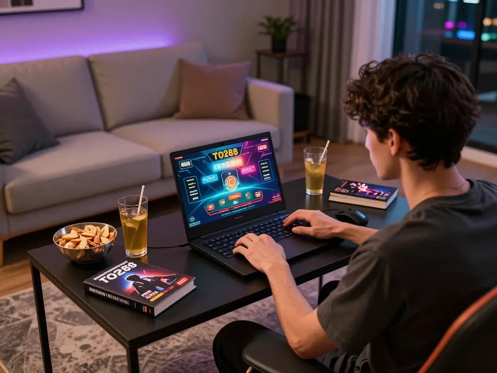 Engage with TO288's online casino gaming interface featuring immersive gameplay in a cozy home setting.